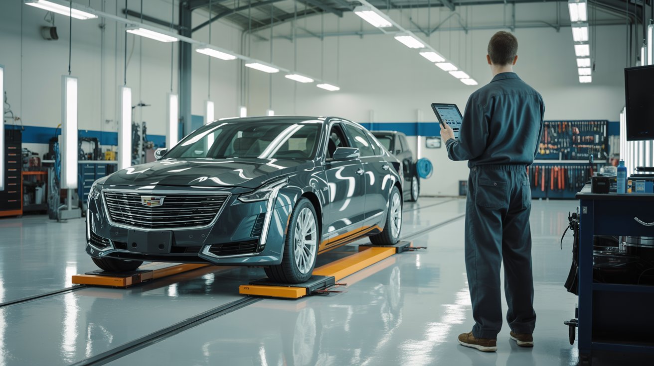 auto body and collision repair-26 adas calibration tech working on cadillac