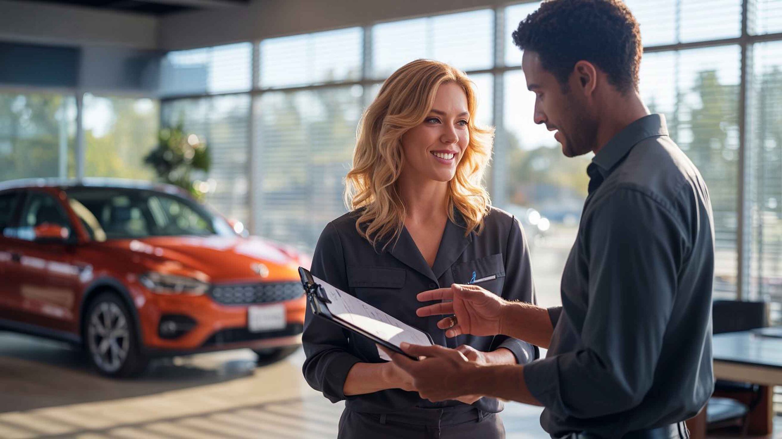 auto body repair tech with customer auto body repair tech with customer