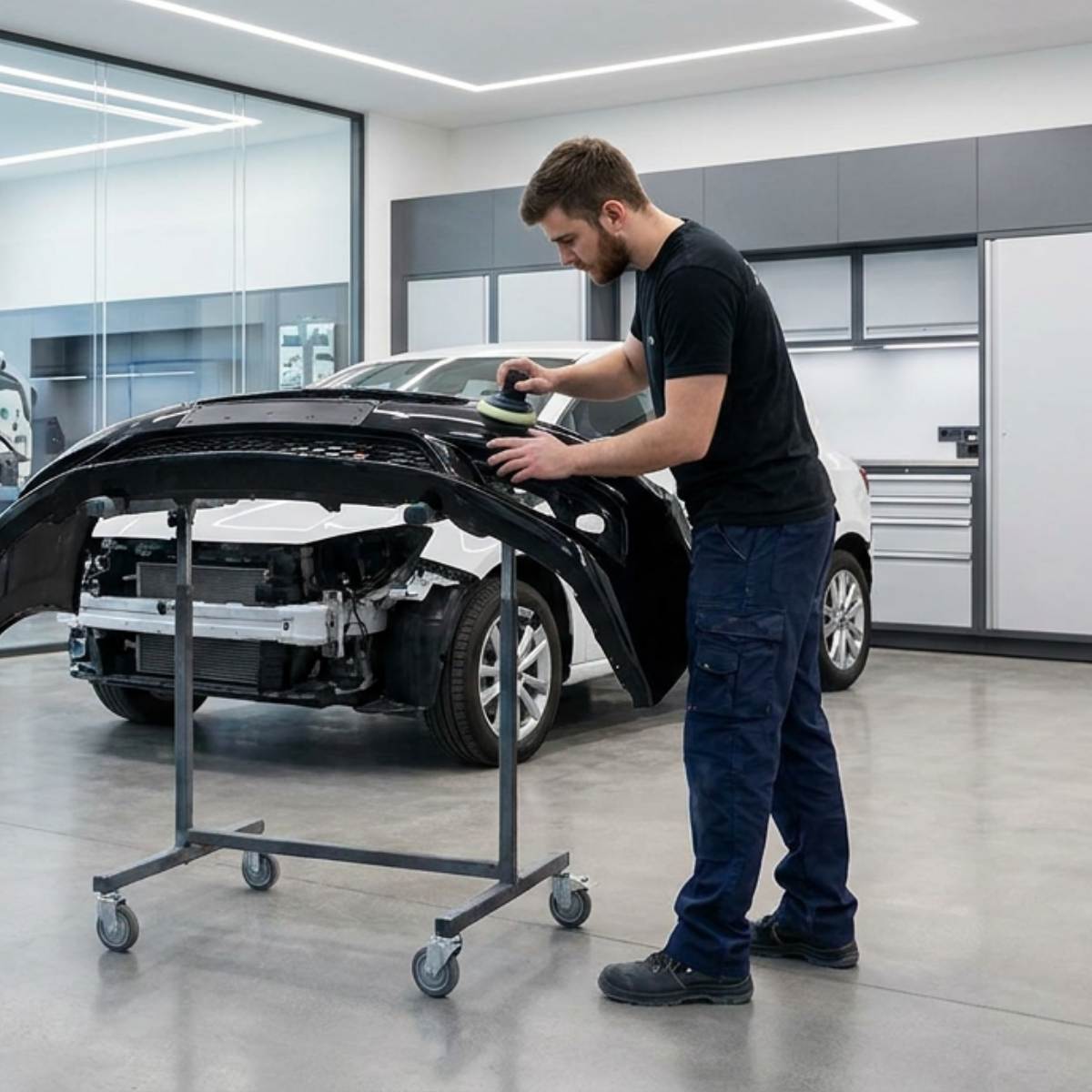 Auto Collision Repair tech inspecting bumper for car Auto Collision Repair tech inspecting bumper for car